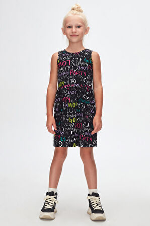 Siyah Glasgow Desen Kız Çocuk Kolsuz Elbise
