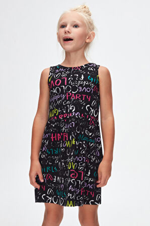 Siyah Glasgow Desen Kız Çocuk Kolsuz Elbise