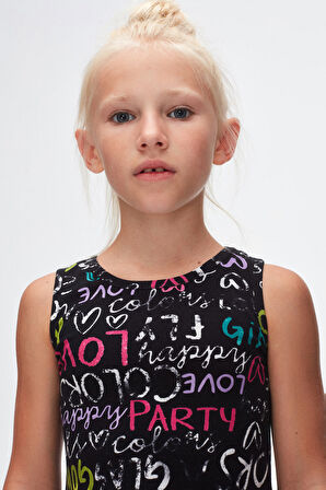 Siyah Glasgow Desen Kız Çocuk Kolsuz Elbise