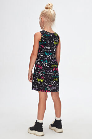 Siyah Glasgow Desen Kız Çocuk Kolsuz Elbise