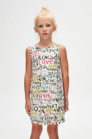 Ekru Glasgow Desen Kız Çocuk Kolsuz Elbise