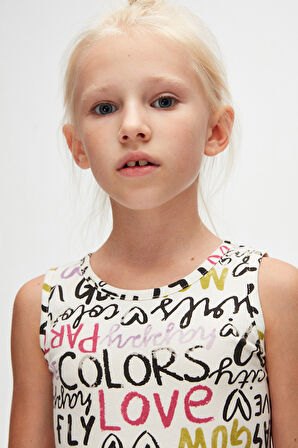 Ekru Glasgow Desen Kız Çocuk Kolsuz Elbise