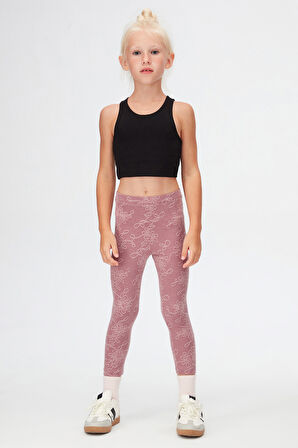 Mor Çiçek Desen Kız Çocuk Jakarlı Tam Boy Tayt