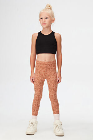 Kahverengi Yonca Desen Kız Çocuk Jakarlı Tam Boy Tayt