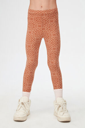 Kahverengi Yonca Desen Kız Çocuk Jakarlı Tam Boy Tayt