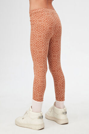 Kahverengi Yonca Desen Kız Çocuk Jakarlı Tam Boy Tayt