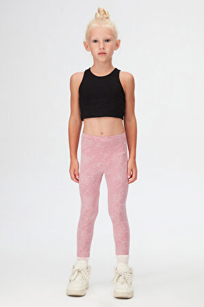 Lila Çiçek Desen Kız Çocuk Jakarlı Tam Boy Tayt