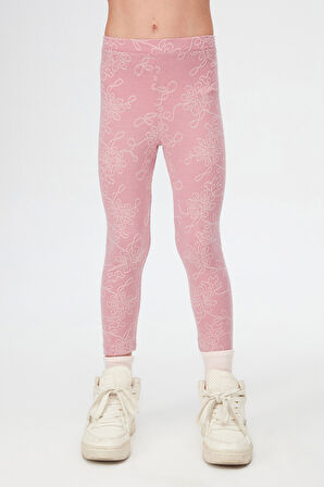 Lila Çiçek Desen Kız Çocuk Jakarlı Tam Boy Tayt