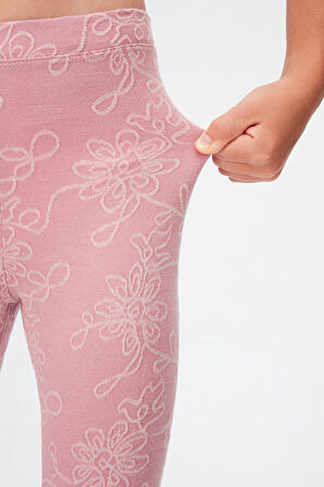 Lila Çiçek Desen Kız Çocuk Jakarlı Tam Boy Tayt