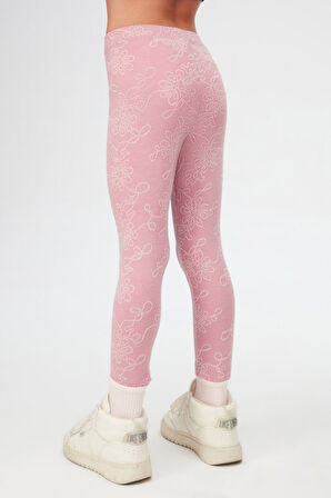 Lila Çiçek Desen Kız Çocuk Jakarlı Tam Boy Tayt