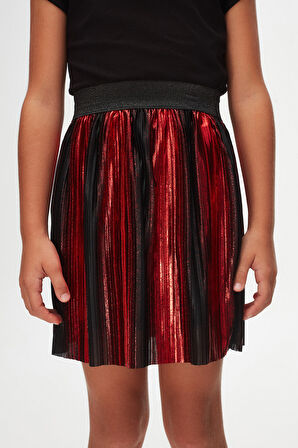 Kırmızı Siyah Edita Degrede Pilise Mini Etek