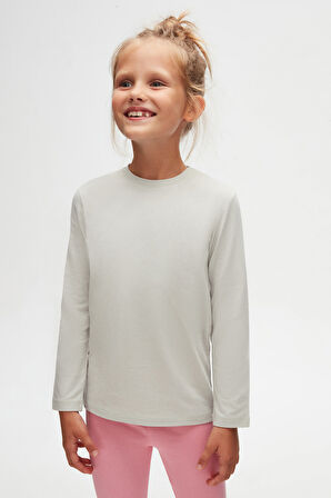 Duman Gri Basic Unisex Çocuk Mevsimlik Sıfır Yaka Uzun Kollu Tişört