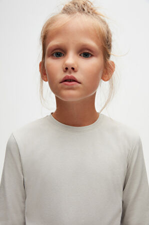 Duman Gri Basic Unisex Çocuk Mevsimlik Sıfır Yaka Uzun Kollu Tişört