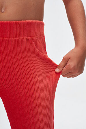 Nar Çiçeği Kız Çocuk Cepli Fitilli Kadife Tayt