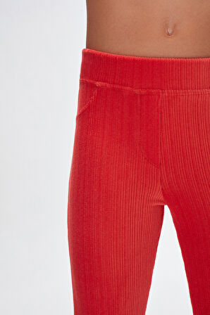 Nar Çiçeği Kız Çocuk Cepli Fitilli Kadife Tayt