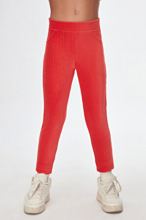 Nar Çiçeği Kız Çocuk Cepli Fitilli Kadife Tayt