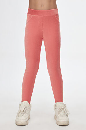 Somon Kız Çocuk Cepli Fitilli Kadife Tayt