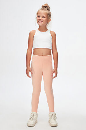 Pudra Pembe Kız Çocuk Cepli Fitilli Kadife Tayt