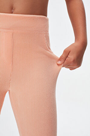 Pudra Pembe Kız Çocuk Cepli Fitilli Kadife Tayt