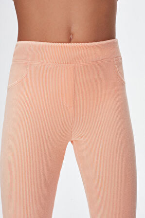 Pudra Pembe Kız Çocuk Cepli Fitilli Kadife Tayt