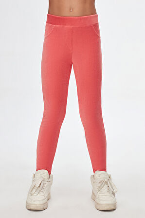 Koyu Somon Kız Çocuk Cepli Fitilli Kadife Tayt