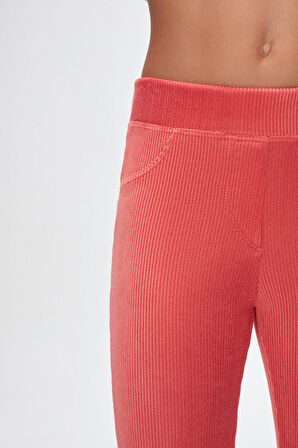 Koyu Somon Kız Çocuk Cepli Fitilli Kadife Tayt