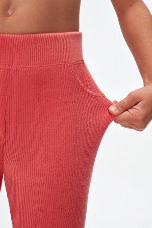 Koyu Somon Kız Çocuk Cepli Fitilli Kadife Tayt