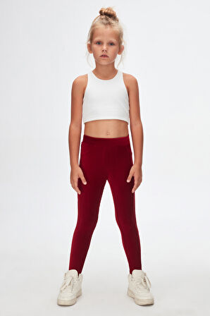 Bordo Kız Çocuk Cepli Fitilli Kadife Tayt