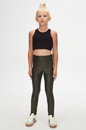 Deniz Yeşili Kız Çocuk Kışlık Deri Pantolon