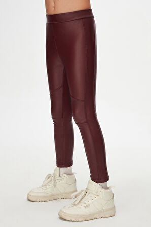 Bordo Kız Çocuk Kışlık Deri Pantolon