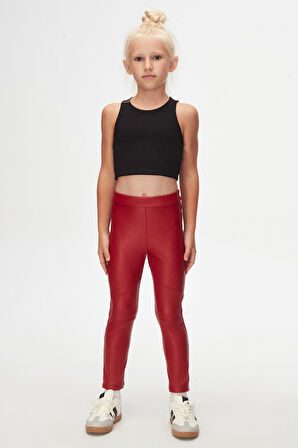 Kırmızı Kız Çocuk Kışlık Deri Pantolon