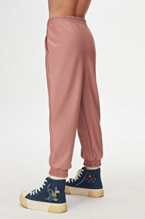 Pudra Pembe Kız Çocuk Çıtçıtlı Paça Büzgüllü Kışlık Deri Pantolon