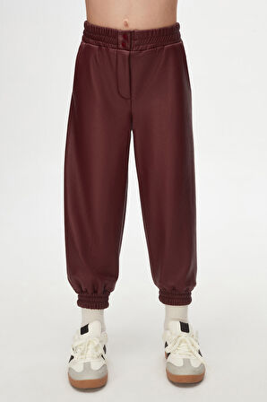 Bordo Kız Çocuk Çıtçıtlı Paça Büzgüllü Kışlık Deri Pantolon