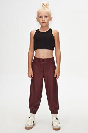 Bordo Kız Çocuk Çıtçıtlı Paça Büzgüllü Kışlık Deri Pantolon