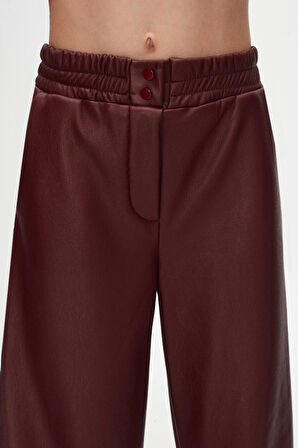 Bordo Kız Çocuk Çıtçıtlı Paça Büzgüllü Kışlık Deri Pantolon