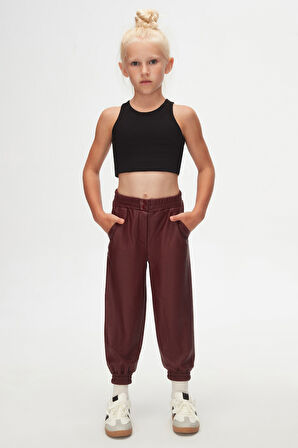 Bordo Kız Çocuk Çıtçıtlı Paça Büzgüllü Kışlık Deri Pantolon
