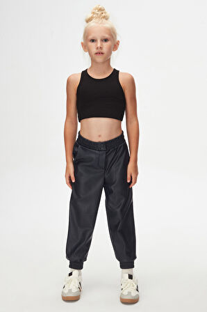 Koyu Lacivert Kız Çocuk Çıtçıtlı Paça Büzgüllü Kışlık Deri Pantolon