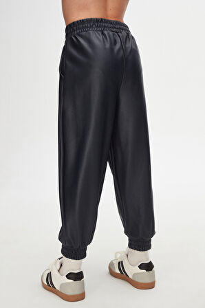 Koyu Lacivert Kız Çocuk Çıtçıtlı Paça Büzgüllü Kışlık Deri Pantolon