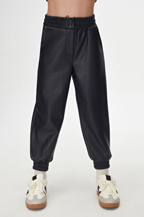 Koyu Lacivert Kız Çocuk Çıtçıtlı Paça Büzgüllü Kışlık Deri Pantolon