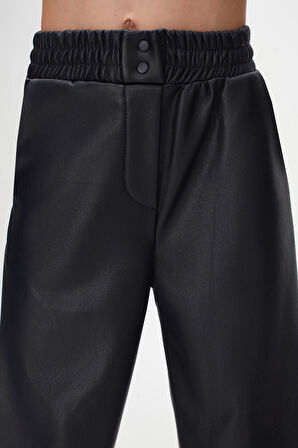 Koyu Lacivert Kız Çocuk Çıtçıtlı Paça Büzgüllü Kışlık Deri Pantolon