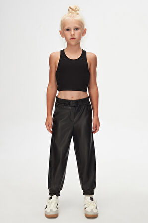 Siyah Kız Çocuk Çıtçıtlı Paça Büzgüllü Kışlık Deri Pantolon