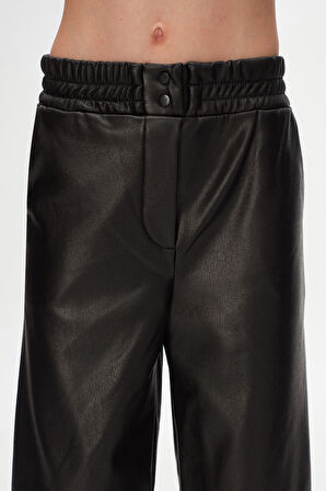 Siyah Kız Çocuk Çıtçıtlı Paça Büzgüllü Kışlık Deri Pantolon