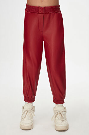 Kırmızı Kız Çocuk Çıtçıtlı Paça Büzgüllü Kışlık Deri Pantolon