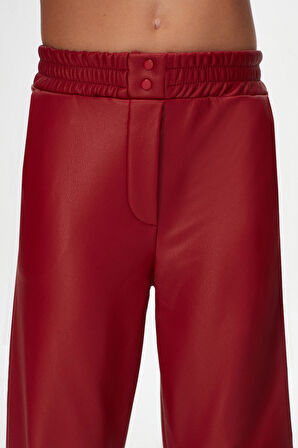 Kırmızı Kız Çocuk Çıtçıtlı Paça Büzgüllü Kışlık Deri Pantolon