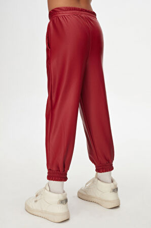 Kırmızı Kız Çocuk Çıtçıtlı Paça Büzgüllü Kışlık Deri Pantolon