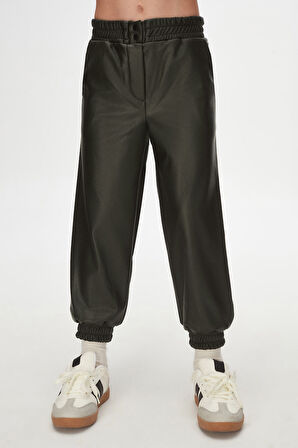 Deniz Yeşili Kız Çocuk Çıtçıtlı Paça Büzgüllü Kışlık Deri Pantolon