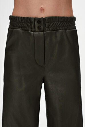 Deniz Yeşili Kız Çocuk Çıtçıtlı Paça Büzgüllü Kışlık Deri Pantolon