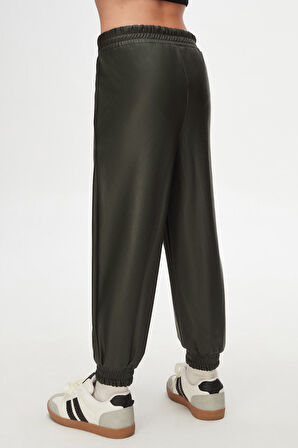 Deniz Yeşili Kız Çocuk Çıtçıtlı Paça Büzgüllü Kışlık Deri Pantolon