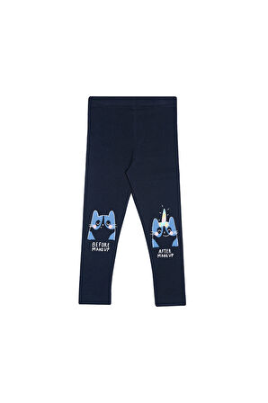 Koyu Lacivert Make UP Kedi Baskılı Kız Çocuk Mevsimlik Tayt