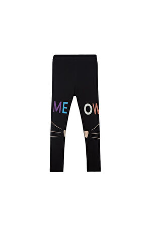 Siyah Meow Face Baskılı Kız Çocuk Mevsimlik Tayt